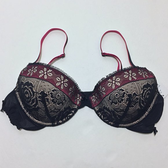 NWT! 3 PC SET  Bra, Thong & Garter Black Rose Lace w Pink Satin - Picture 3 of 14